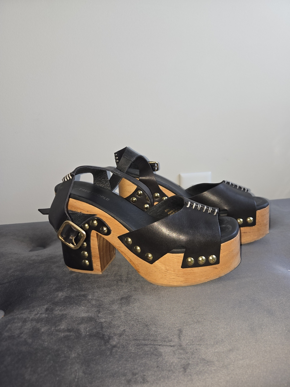 Free People Black Leather Platform Clogs with Wood Heel